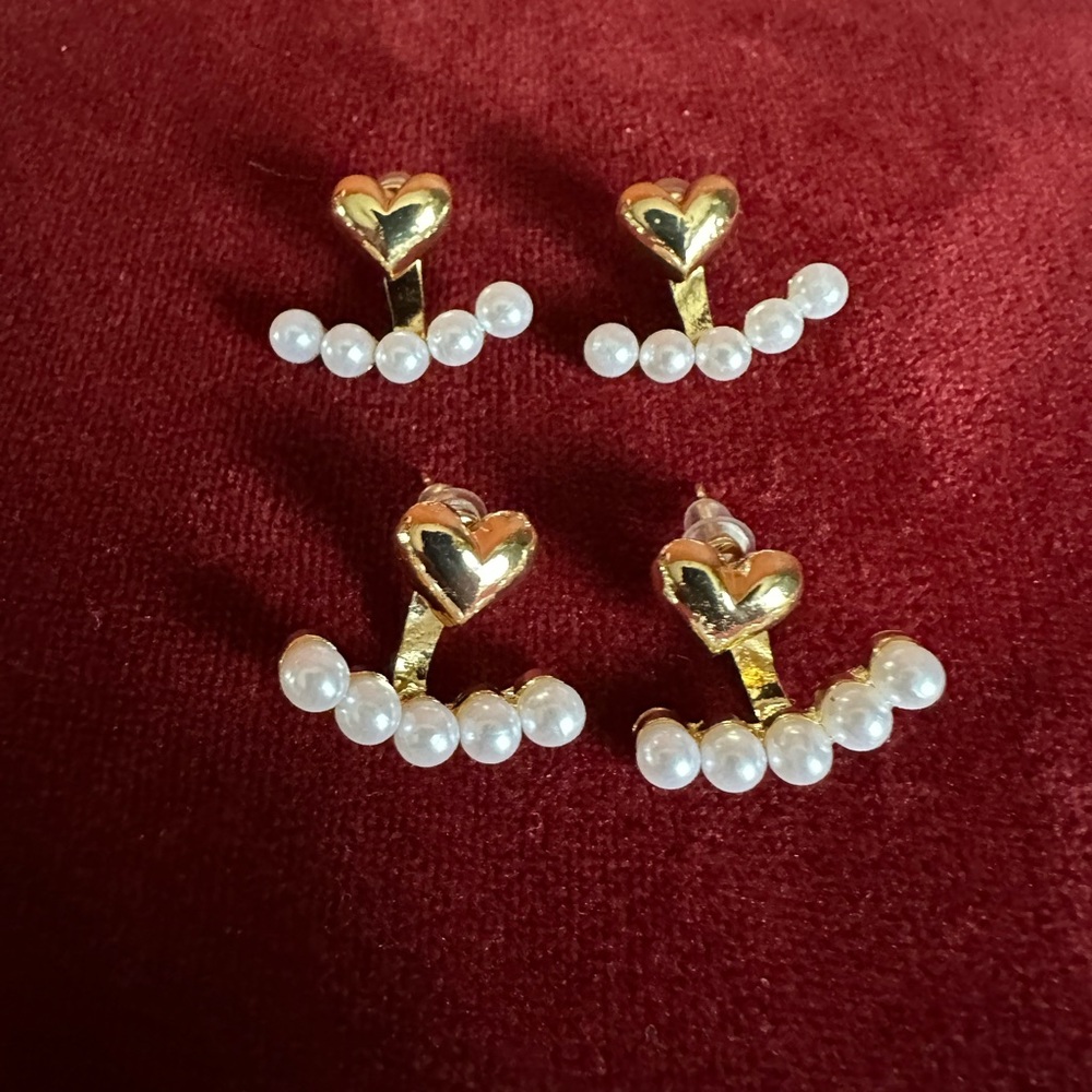 2 pairs Gold Heart Pearl Drop Earrings - Women Jewelry
